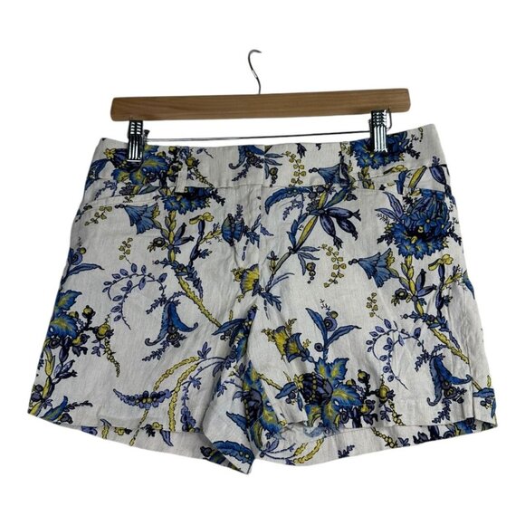 Ann Taylor LOFT Linen Blend Floral Print Shorts size 2 Cream/Blue - Picture 1 of 7